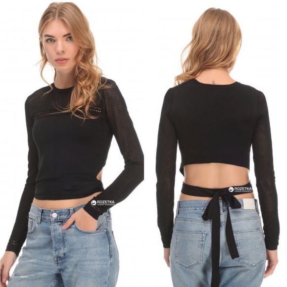 Zara Knit Stretch Open Back Waist Tie Sweater Black Medium